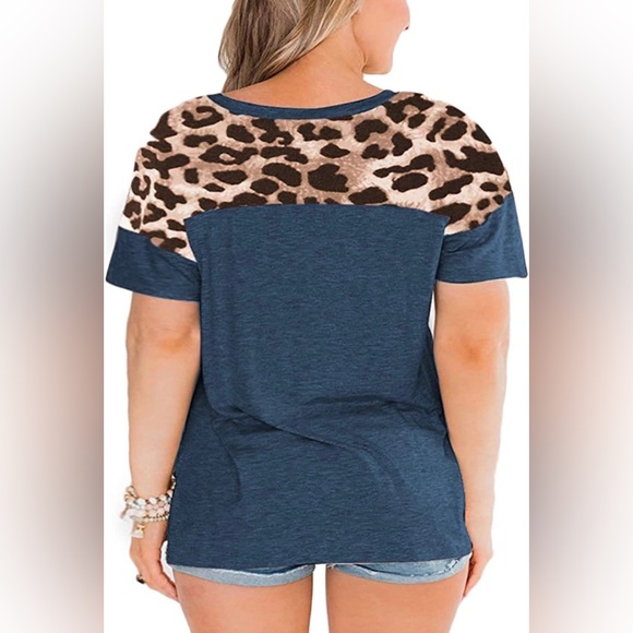 Womens Plus Size Top Leopard Print Short Sleeve Raglan Color Block Tee w Pocket - Picture 3 of 11